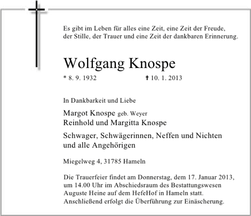  Traueranzeige für Wolfgang Knospe vom 12.01.2013 aus Deister- und Weserzeitung
