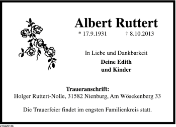 Traueranzeige von Albert Ruttert von Deister- und Weserzeitung