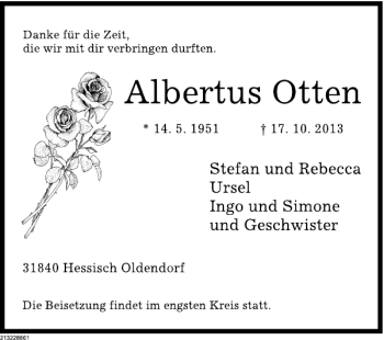 Traueranzeige von Albertus Otten von Deister- und Weserzeitung