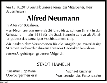 Traueranzeige von Alfred Neumann von Deister- und Weserzeitung
