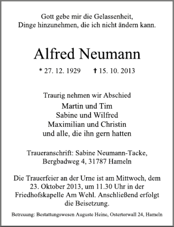 Traueranzeige von Alfred Neumann von Deister- und Weserzeitung