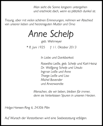 Traueranzeige von Anne Schelp von Deister- und Weserzeitung