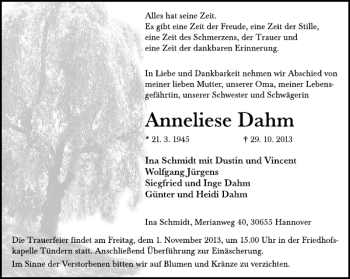 Traueranzeige von Anneliese Dahm von Deister- und Weserzeitung