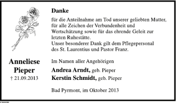 Traueranzeige von Anneliese Pieper von Deister- und Weserzeitung