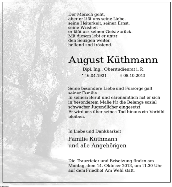 Traueranzeige von August Küthmann von Deister- und Weserzeitung