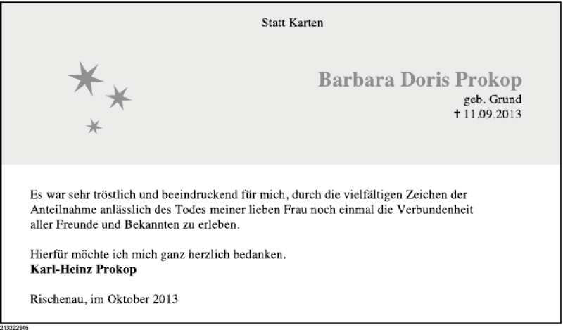  Traueranzeige für Barbara Doris Prokop vom 05.10.2013 aus Deister- und Weserzeitung