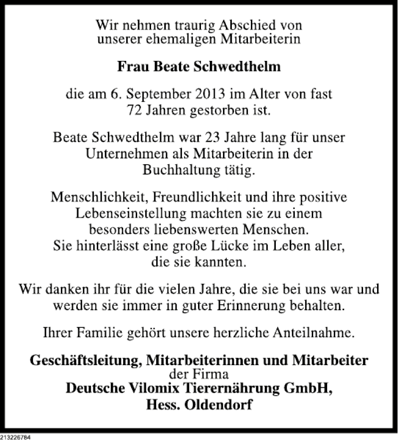  Traueranzeige für Beate Schwedthelm vom 19.10.2013 aus Deister- und Weserzeitung