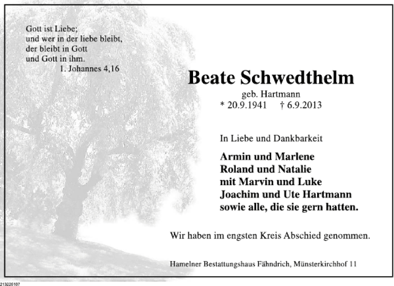  Traueranzeige für Beate Schwedthelm vom 12.10.2013 aus Deister- und Weserzeitung