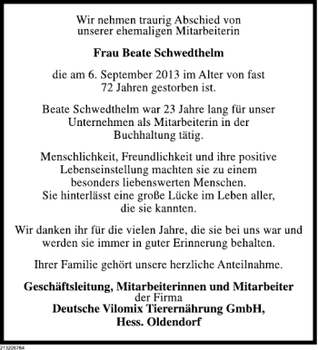 Traueranzeige von Beate Schwedthelm von Deister- und Weserzeitung