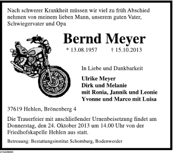Traueranzeige von Bernd Meyer von Deister- und Weserzeitung