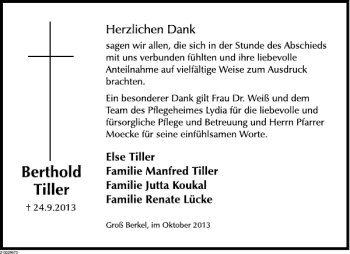 Traueranzeige von Berthold Tiller von Deister- und Weserzeitung