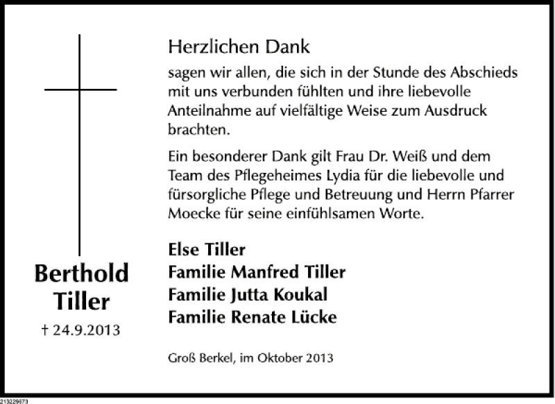  Traueranzeige für Berthold Tiller vom 26.10.2013 aus Deister- und Weserzeitung