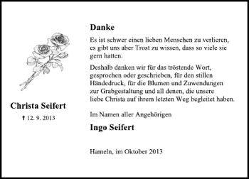 Traueranzeige von Christa Seifert von Deister- und Weserzeitung