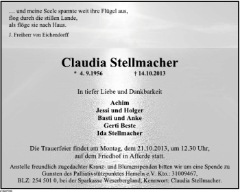 Traueranzeige von Claudia Stellmacher von Deister- und Weserzeitung