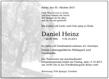 Traueranzeige von Daniel Heinz von Deister- und Weserzeitung