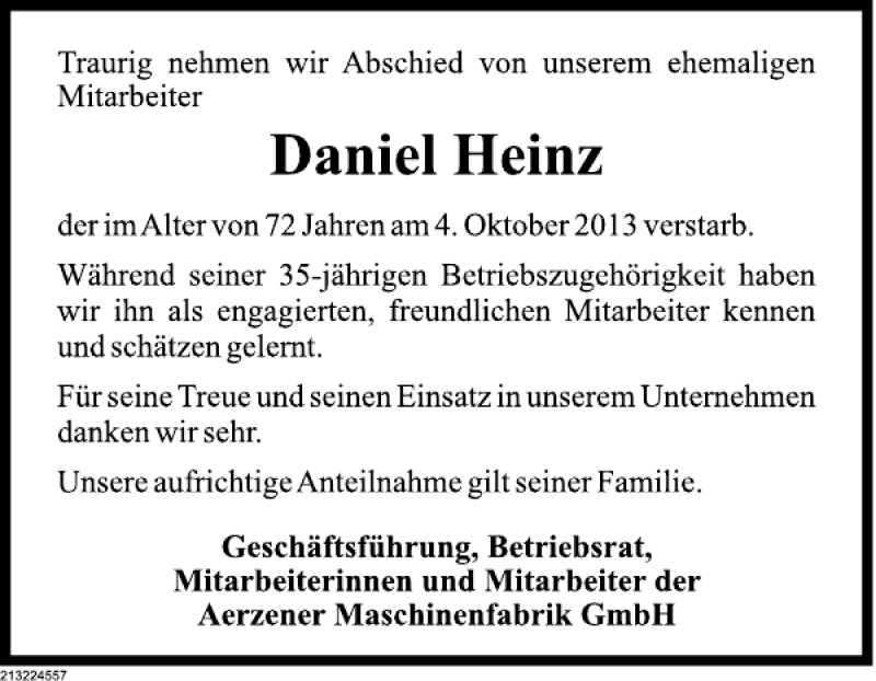  Traueranzeige für Daniel Heinz vom 10.10.2013 aus Deister- und Weserzeitung