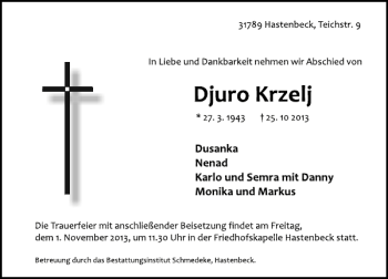 Traueranzeige von Djuro Krzelj von Deister- und Weserzeitung