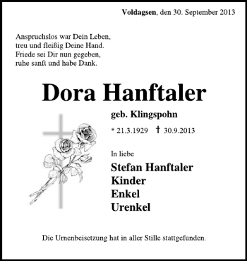 Traueranzeige von Dora Hanftaler von Deister- und Weserzeitung