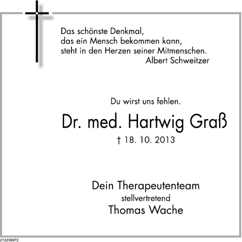  Traueranzeige für Dr. Grass vom 25.10.2013 aus Deister- und Weserzeitung