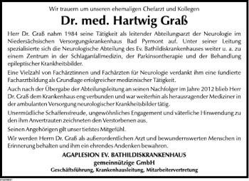 Traueranzeige von Dr. med. Hartwig Graß von Deister- und Weserzeitung