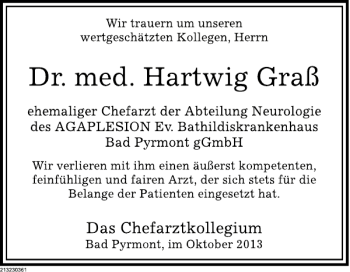 Traueranzeige von Dr. med. Hartwig Graß von Deister- und Weserzeitung
