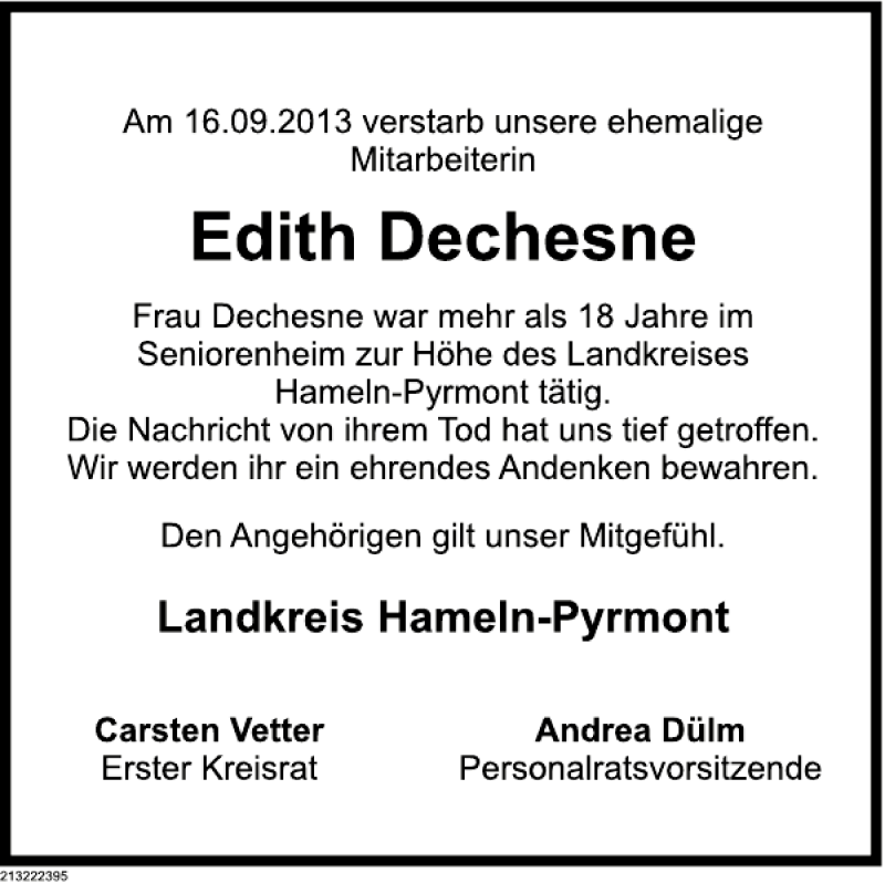  Traueranzeige für Edith Dechesne vom 04.10.2013 aus Deister- und Weserzeitung