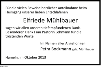 Traueranzeige von Elfriede Mühlbauer von Deister- und Weserzeitung