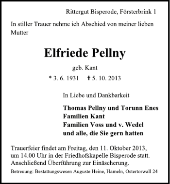 Traueranzeige von Elfriede Pellny von Deister- und Weserzeitung