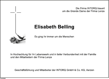 Traueranzeige von Elisabeth Belling von Deister- und Weserzeitung