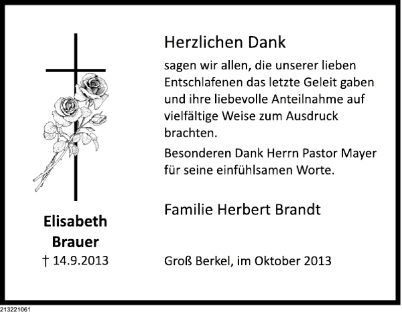  Traueranzeige für Elisabeth Brauer vom 05.10.2013 aus Deister- und Weserzeitung