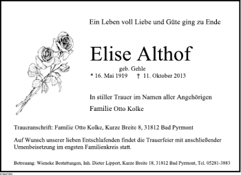 Traueranzeige von Elise Althof von Deister- und Weserzeitung