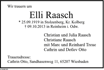 Traueranzeige von Elli Raasch von Deister- und Weserzeitung