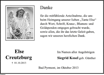 Traueranzeige von Else Creutzberg von Deister- und Weserzeitung