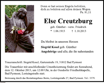 Traueranzeige von Else Creutzburg von Deister- und Weserzeitung