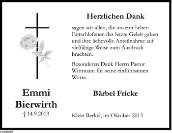 Traueranzeige von Emmi Bierwirth von Deister- und Weserzeitung