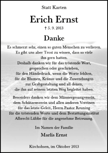 Traueranzeige von Erich Ernst von Deister- und Weserzeitung