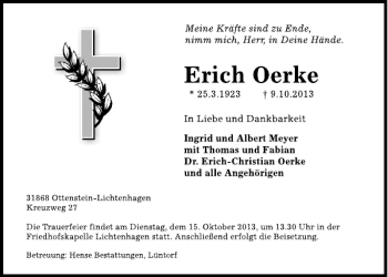 Traueranzeige von Erich Oerke von Deister- und Weserzeitung