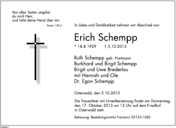 Traueranzeige von Erich Schempp von Deister- und Weserzeitung