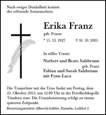 Traueranzeige von Erika Franz von Deister- und Weserzeitung