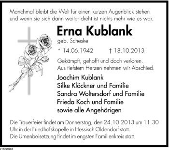 Traueranzeige von Erna Kublank von Deister- und Weserzeitung