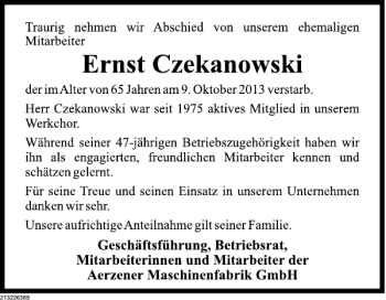 Traueranzeige von Ernst Czekanowski von Deister- und Weserzeitung