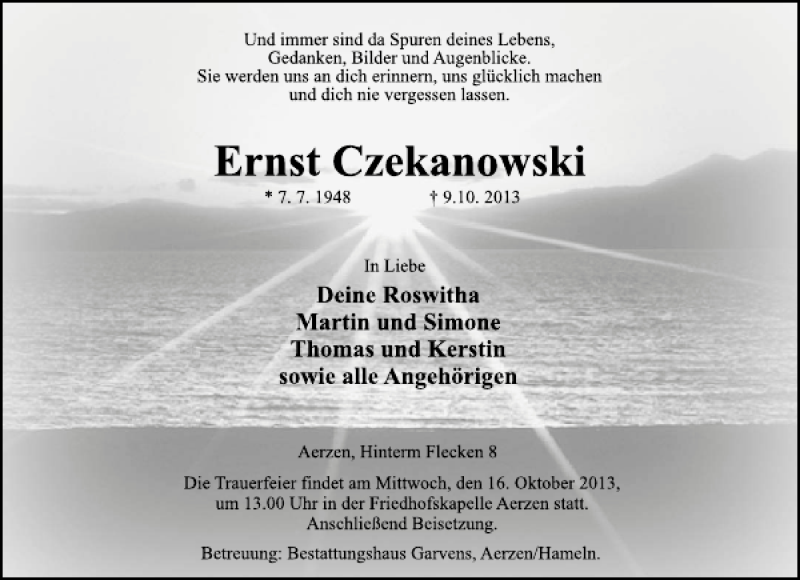  Traueranzeige für Ernst Czekanowski vom 12.10.2013 aus Deister- und Weserzeitung
