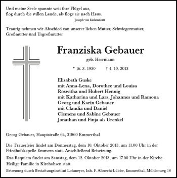 Traueranzeige von Franziska Gebauer von Deister- und Weserzeitung