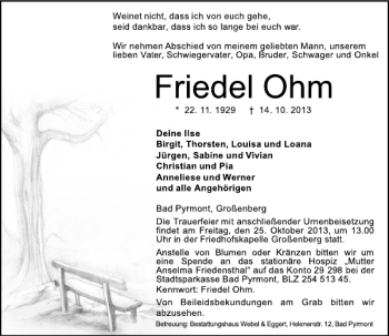 Traueranzeige von Friedel Ohm von Deister- und Weserzeitung