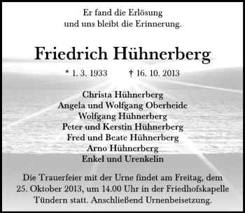 Traueranzeige von Friedrich Hühnerberg von Deister- und Weserzeitung