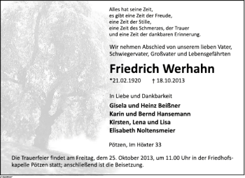 Traueranzeige von Friedrich Werhahn von Deister- und Weserzeitung