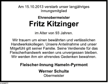 Traueranzeige von Fritz Kitzinger von Deister- und Weserzeitung