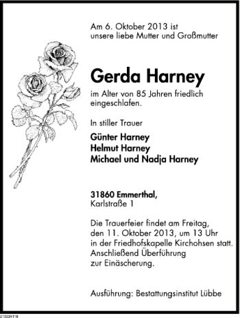 Traueranzeige von Gerda Harney von Deister- und Weserzeitung