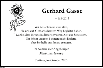Traueranzeige von Gerhard Gasse von Deister- und Weserzeitung