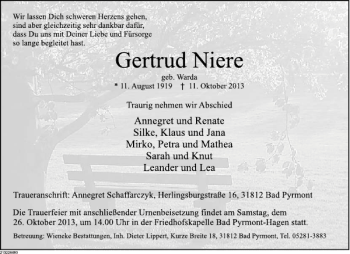 Traueranzeige von Gertrud Niere von Deister- und Weserzeitung